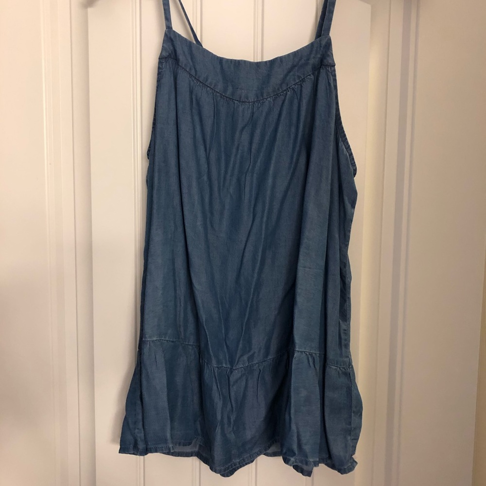 Chambray spaghetti strap ruffle bottom tank